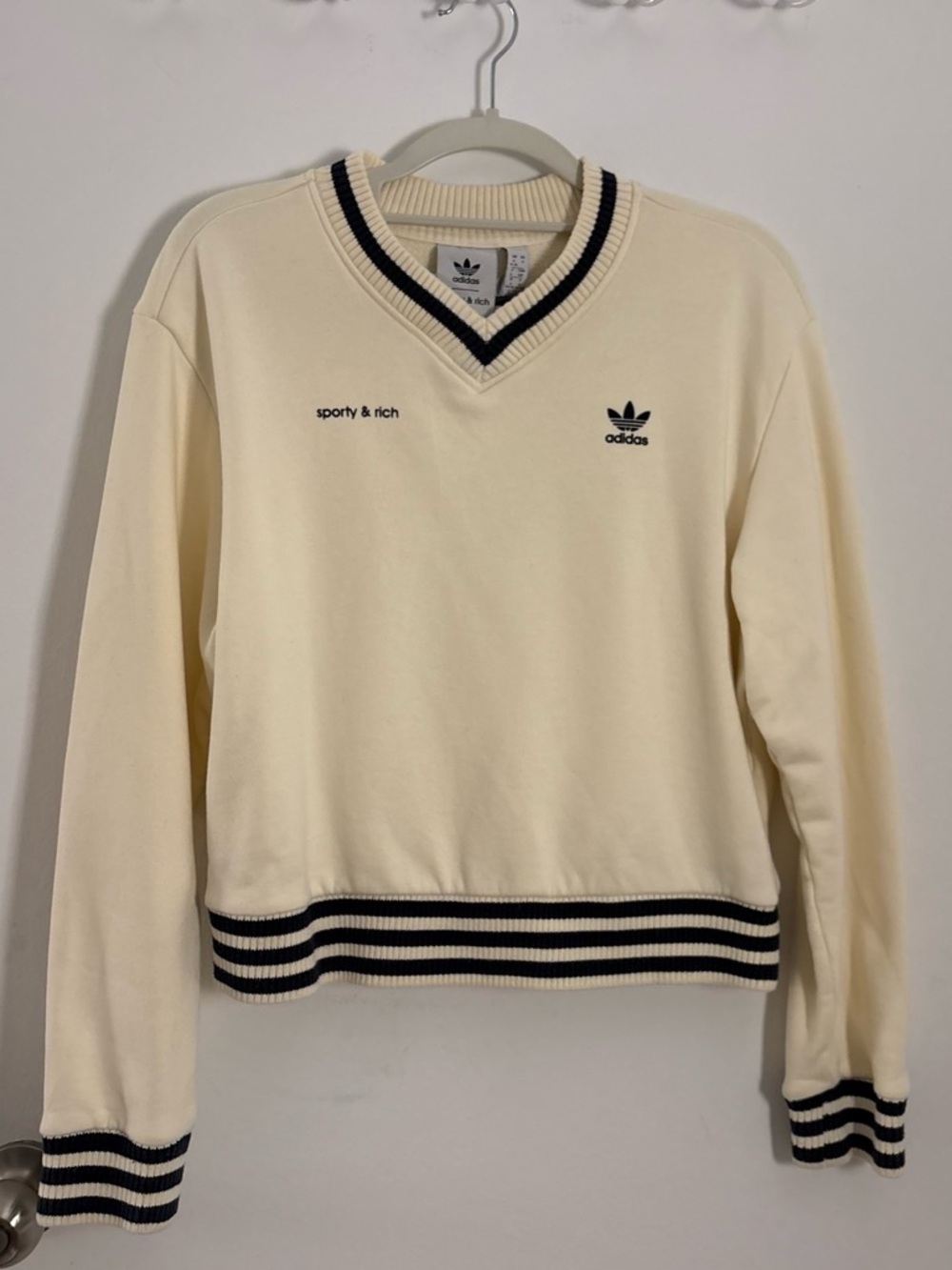 Sporty & Rich x Adidas Cream V-Neck Pullover with Navy Trim